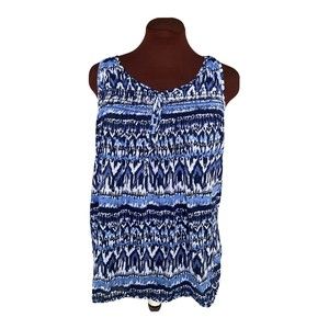 Faded Glory Womens Blue White Round Tie Neck Sleeveless Tunic Top Size Medium
